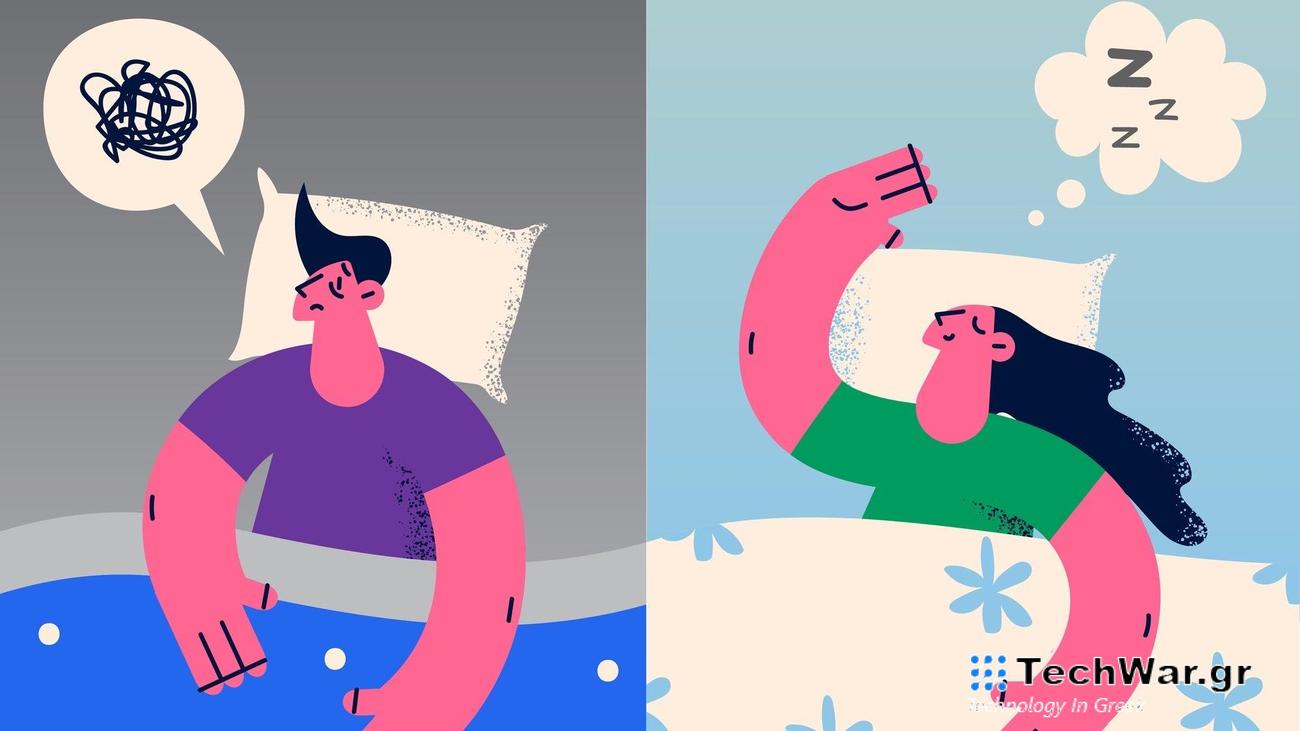 illustration of two people in bed, one sleeping, one awake