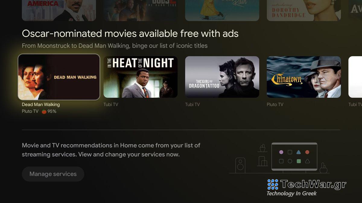The Google TV screen with Oscar nominee titles you can stream for free