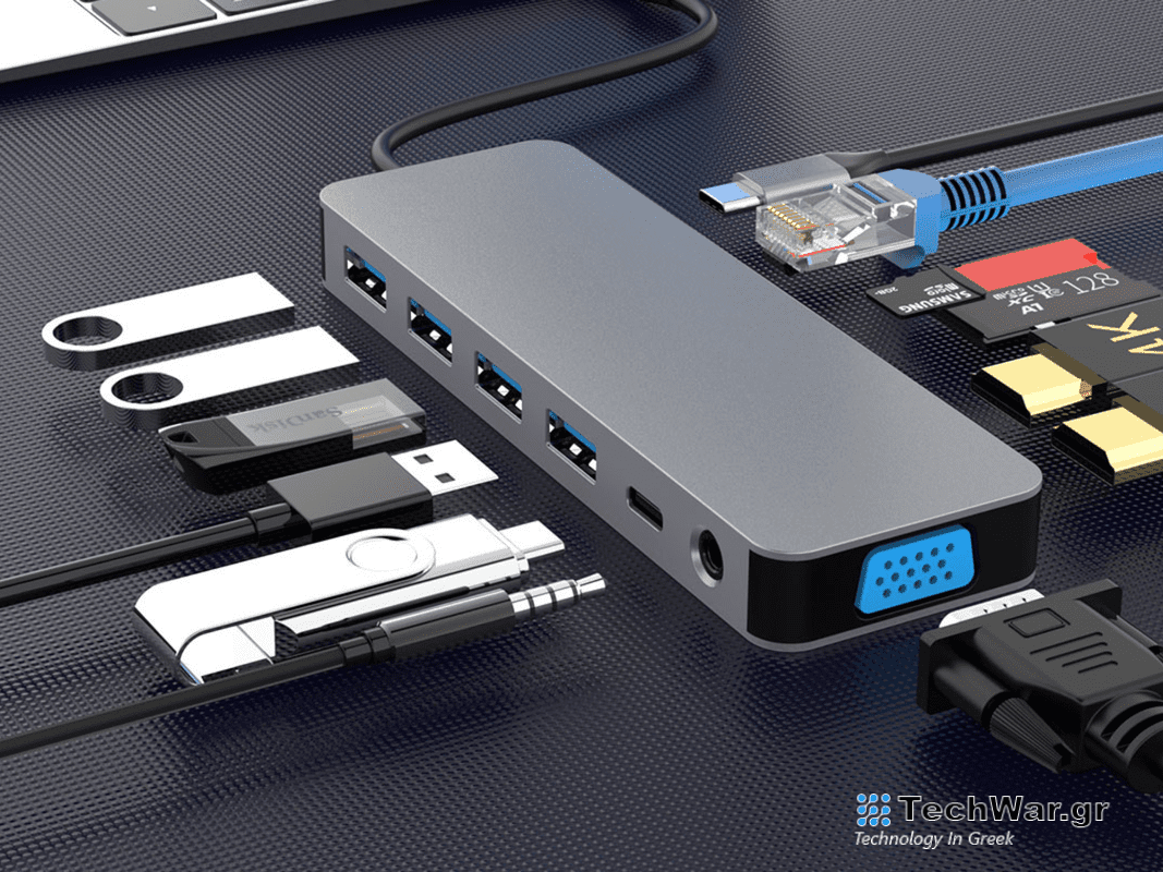 A 13-in-1 docking station with many things plugged into it.