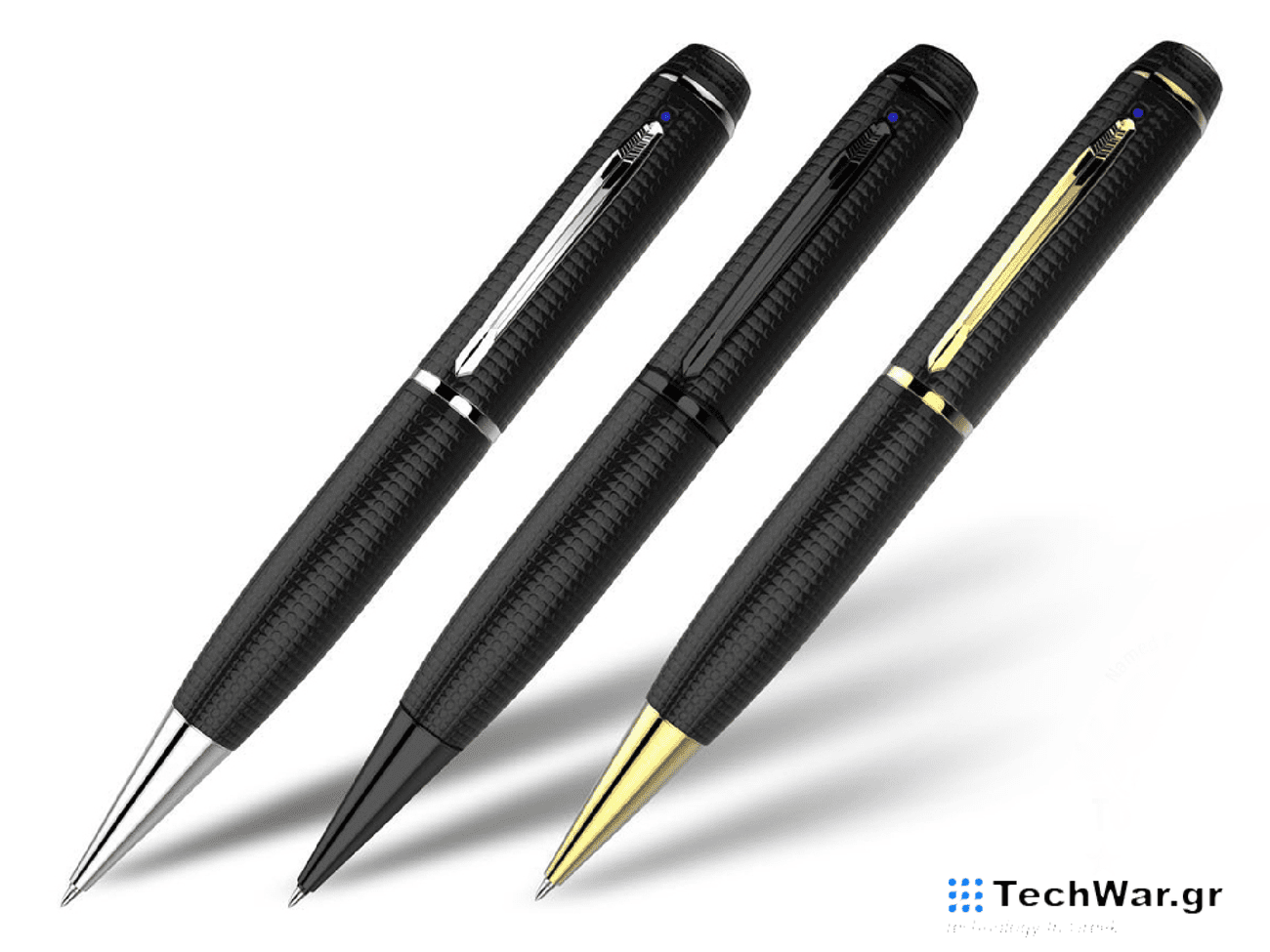 Three pens with a hidden camera on a plain background.
