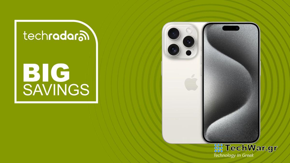 iPhone 15 Pro on green background with big savings text overlay