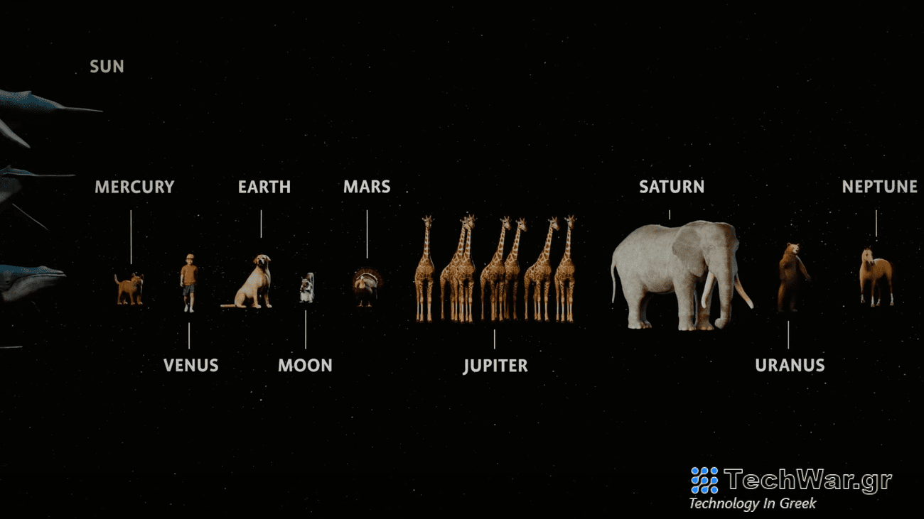 planet names alongside images of a cat, human, dog, rat, squirrel, giraffes, elephant, bear, and horse