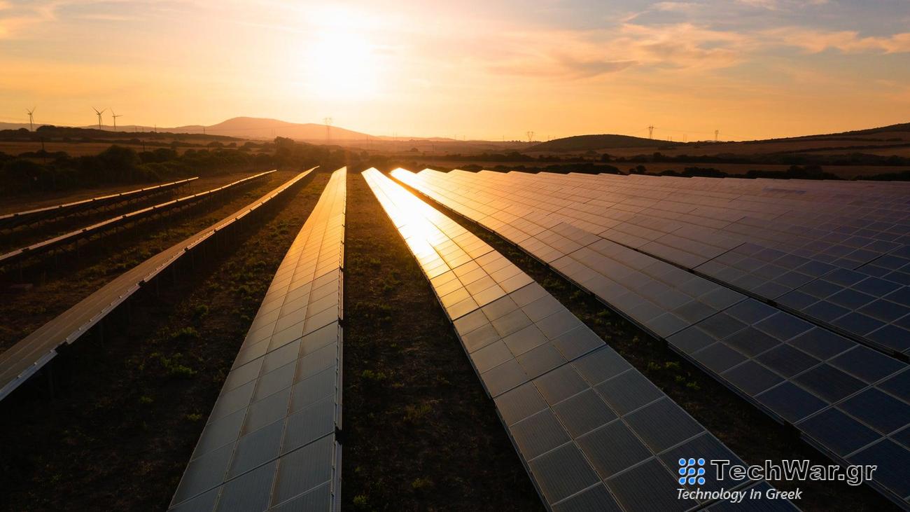 solar power farm at sunset