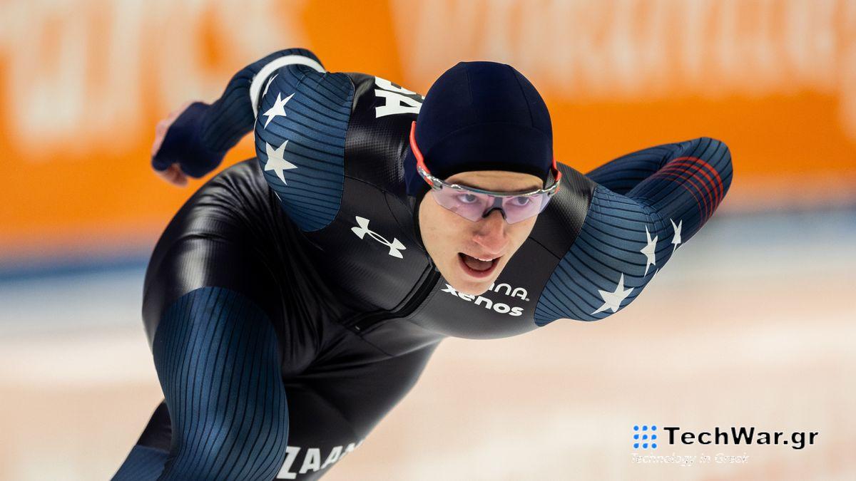 Jordan Stolz of the United States competes on the ice ahead of the World Allround Speed Skating Championships live stream 2024