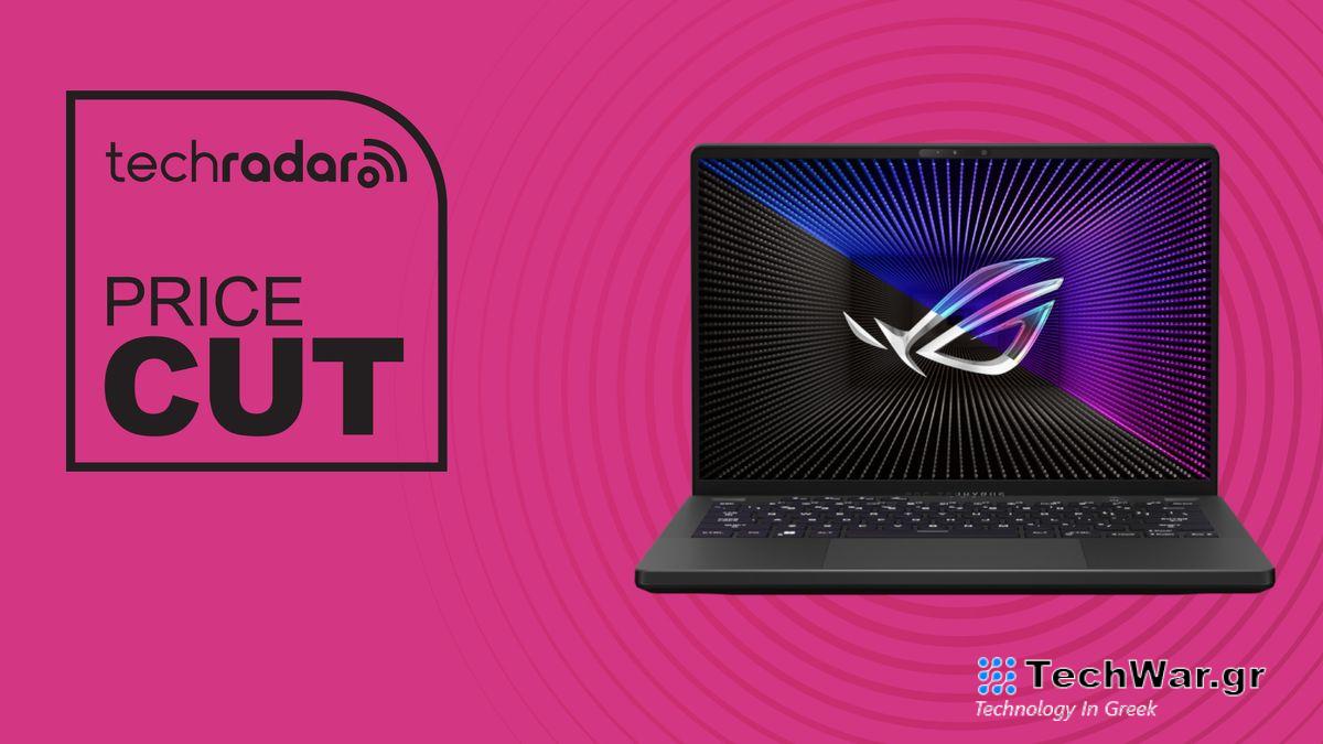 Asus ROG Zephyrus G14 on magenta background with price cut text overlay