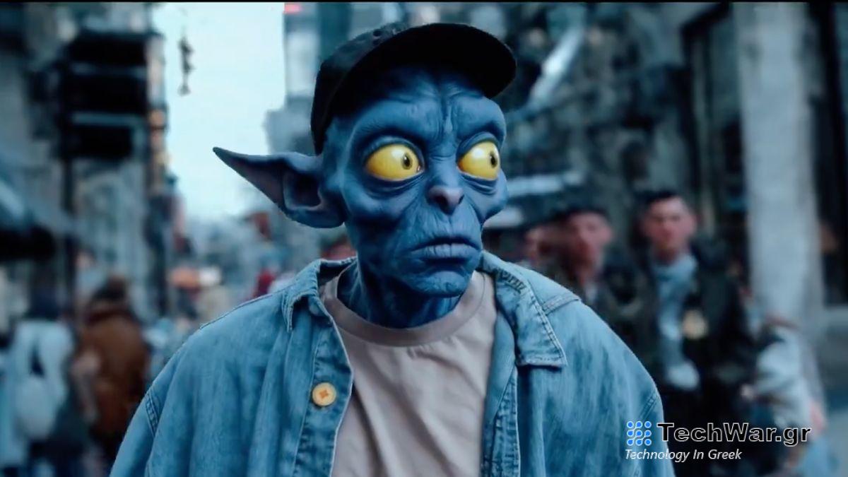 An alien character walking through a street