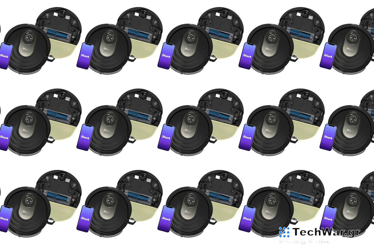 A Shark vacmop robovac on a plain background.