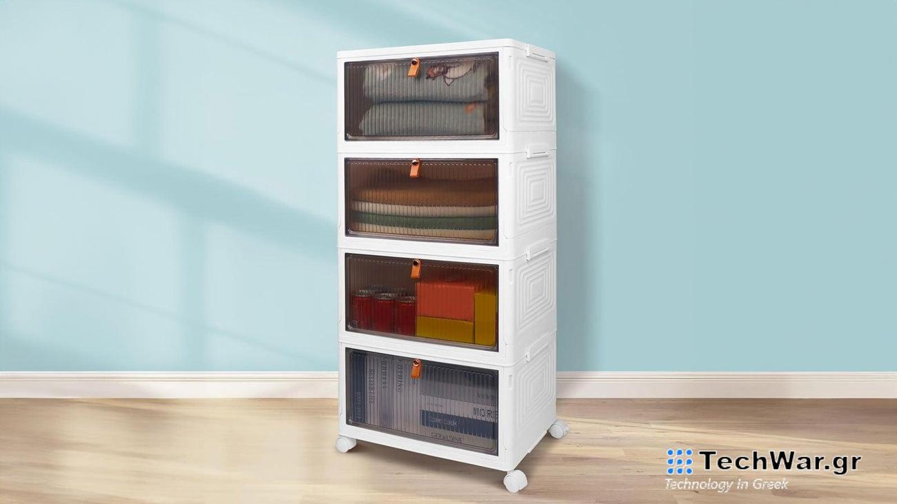 Amazon's stacking storage in a room with a blue wall